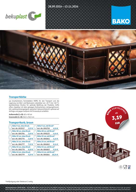 320 041 2026 Anlage 3 Kooperationsflyer „bekuplast GmbH – Kunststoff Transportkörbe“, Gültigkeitszeitraum 28. September 2026 bis 13. November 2026, 16.09
